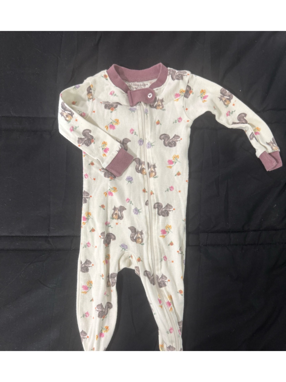 Burt's Bees Baby Cream Squirrel Print One-Piece with Mauve Trim